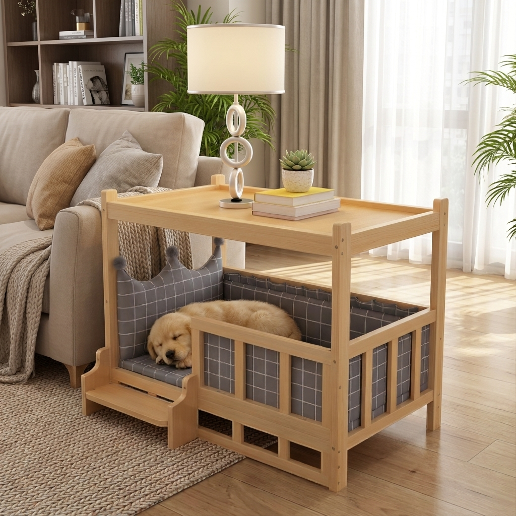 Durable wooden dog house for outdoor use, providing comfort & shelter for pets in a garden setting.