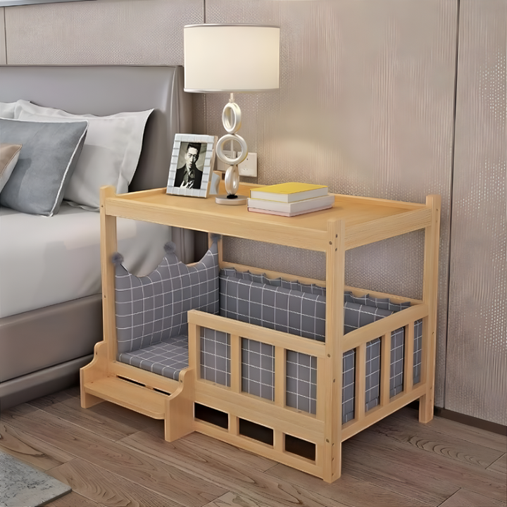Sturdy outdoor wooden dog house with elevated floor for enhanced pet comfort & protection from elements.