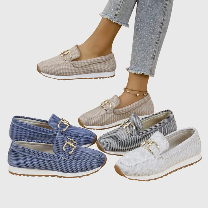 Everyday dusty blue horsebit loafers for women. Comfortable slip-on flats, a stylish addition to any outfit.