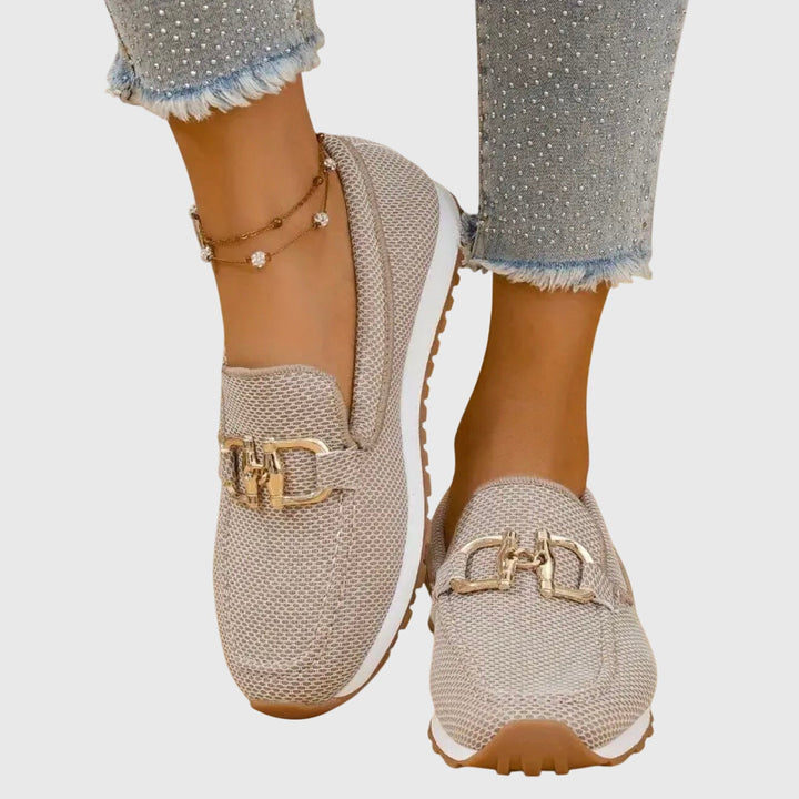 Chic dusty blue horsebit loafers for women. Stylish and comfortable casual flats, perfect for everyday fashion.