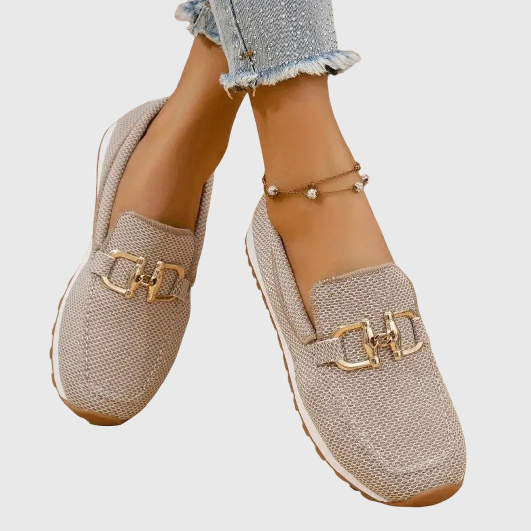 Stylish dusty blue horsebit loafers, women's slip-on comfort flats. Ideal casual and preppy footwear.