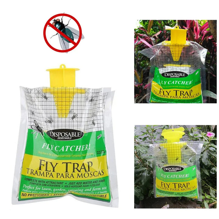 "Eco-friendly disposable outdoor fly trap with bait, hanging design, clear container fills with captured flies."