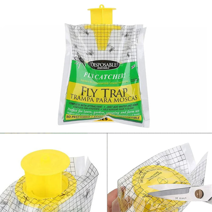 "Eco-friendly disposable outdoor fly trap with bait, hanging design, clear container fills with captured flies."