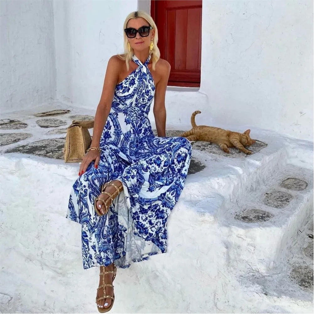Flattering women's A-line halter maxi dress, a chic and elegant sleeveless sundress for summer and vacation.