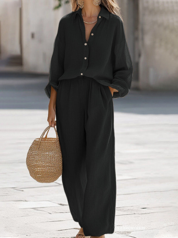 Women's casual chic blouse & pant set. An effortless two-piece outfit for comfortable daily wear & summer.