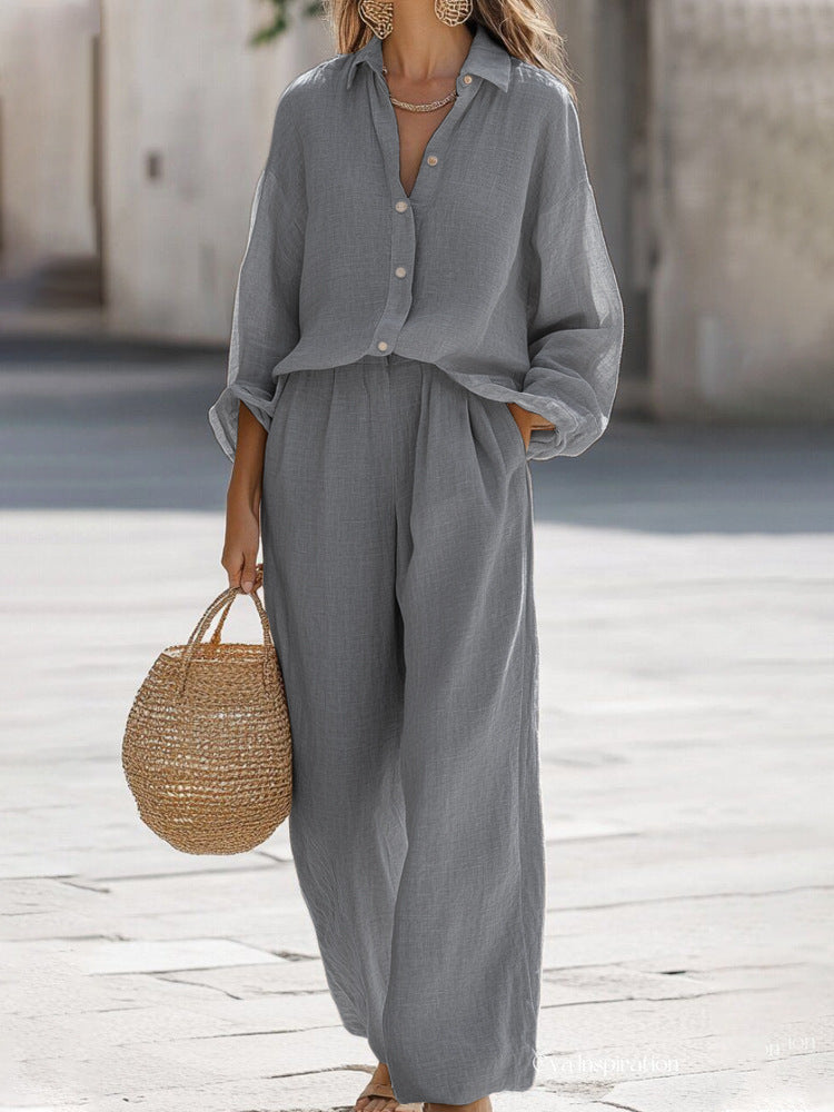 Versatile women's two-piece set: blouse & pants for effortless style, summer vacation, or daily chic.