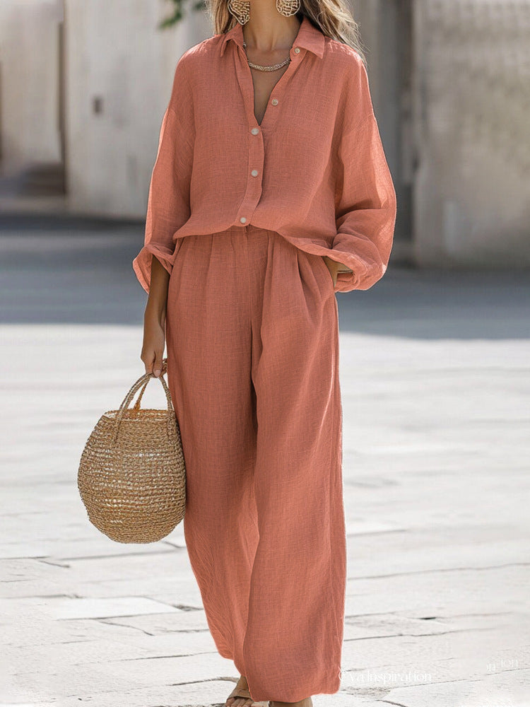 Elegant women's blouse & pant set, a comfortable two-piece outfit for spring fashion and relaxed daily wear.