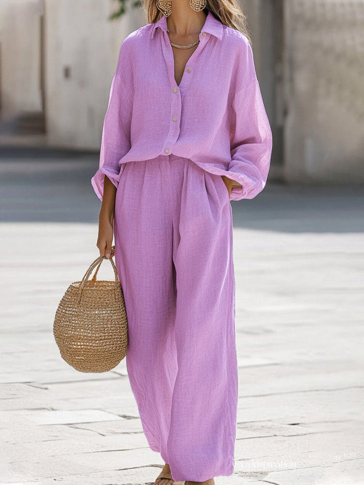 Stylish women's summer fashion: effortless blouse and pant set. Casual chic two-piece outfit for vacation.
