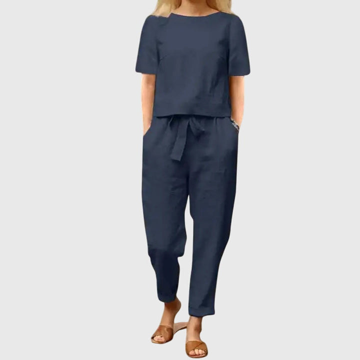 Effortless women's crop top & high-waisted belted trouser set, perfect for casual chic summer fashion.