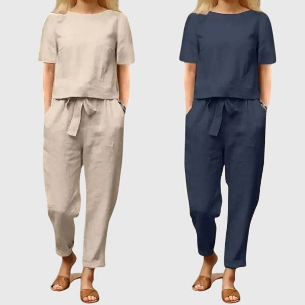 Comfortable women's two-piece co-ord set: crop top & belted trousers. Versatile for warm weather everyday wear.