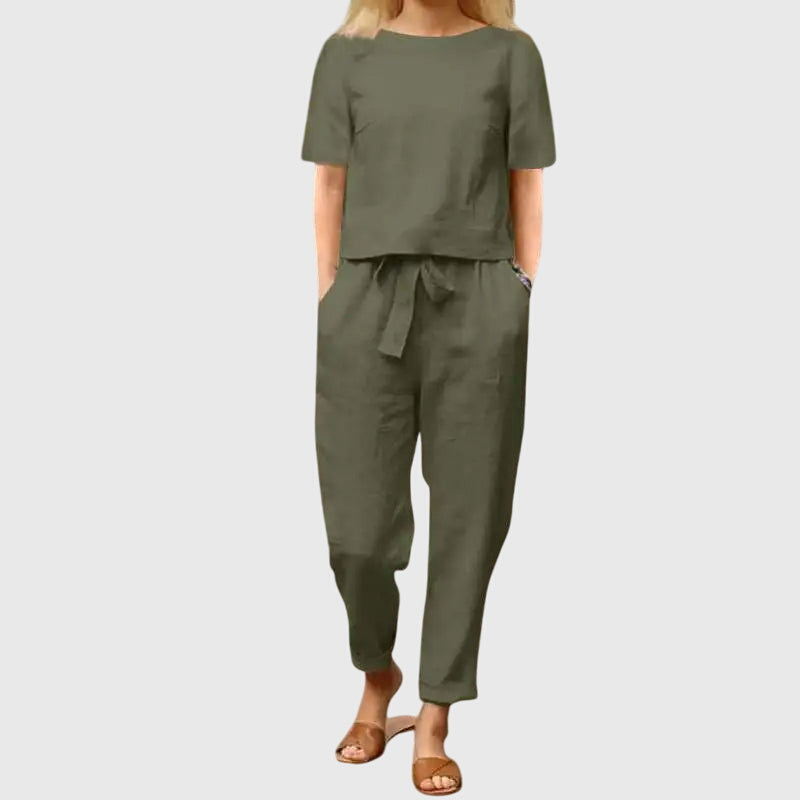 Women's casual chic crop top and belted trousers set, designed for comfort and style on warm days.