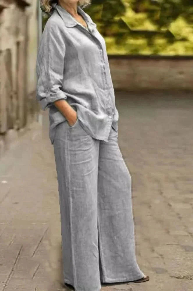 Comfortable women's wide-leg matching co-ord set, ideal for versatile casual wear. Relaxed fit two-piece loungewear.