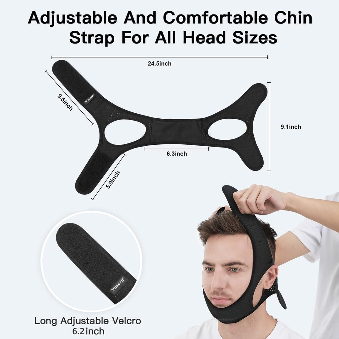 Elastic anti-snoring chin strap with adjustable Velcro, breathable fabric, and enlarged ear holes, ensures comfort and reduce