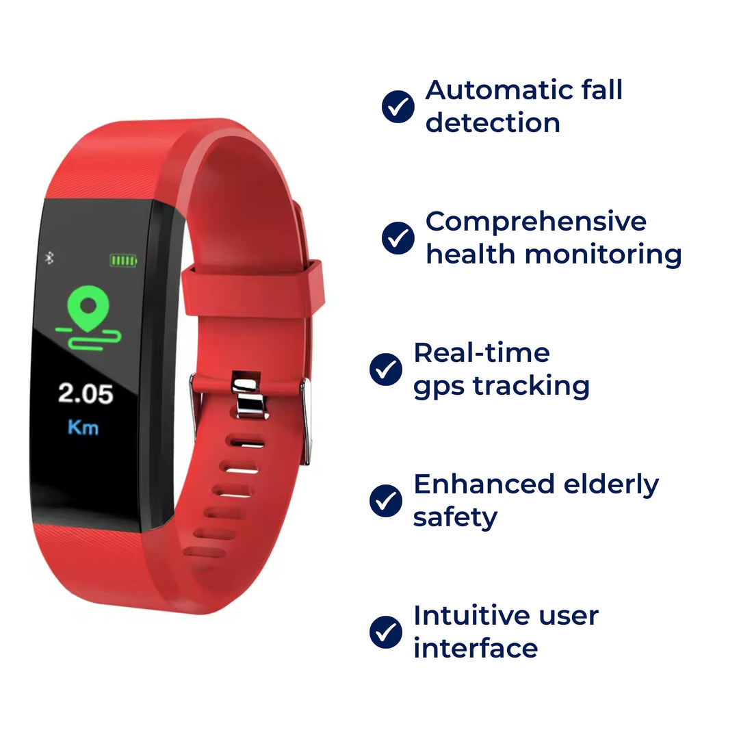Daily living aid: Elderly smartwatch with GPS, fall detection, heart rate monitor, and medical alert features.