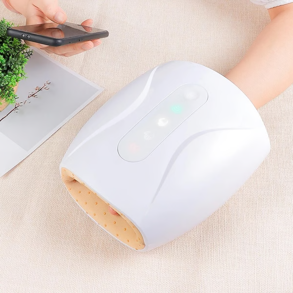Electric hand massager with ergonomic design, advanced air compression, and heat therapy for relaxation and pain relief.