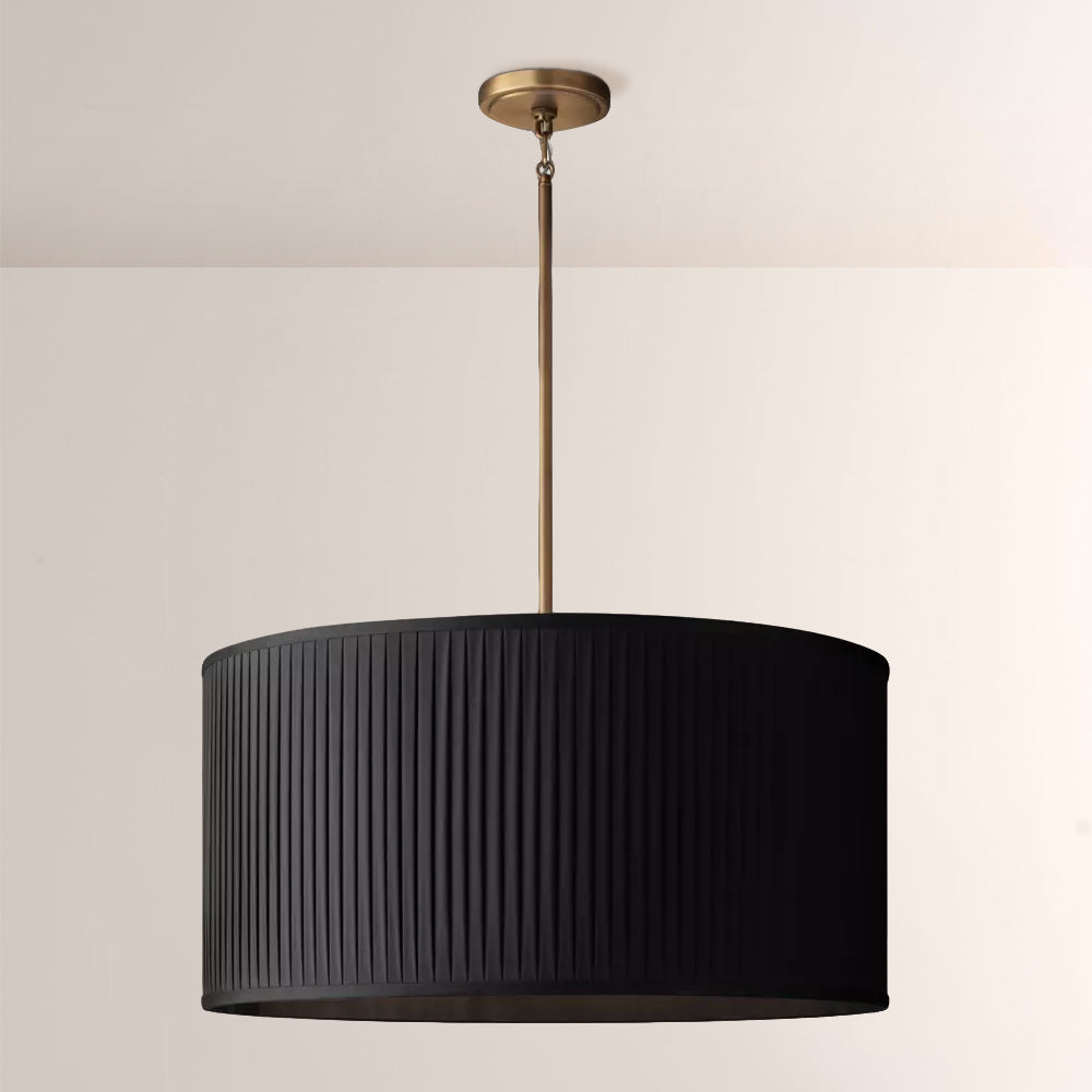 Sophisticated 3-light silk drum pendant in brass, bronze, or nickel for modern & classic interiors.