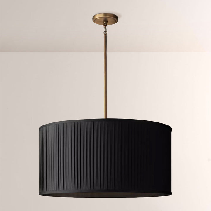 Sophisticated 3-light silk drum pendant in brass, bronze, or nickel for modern & classic interiors.
