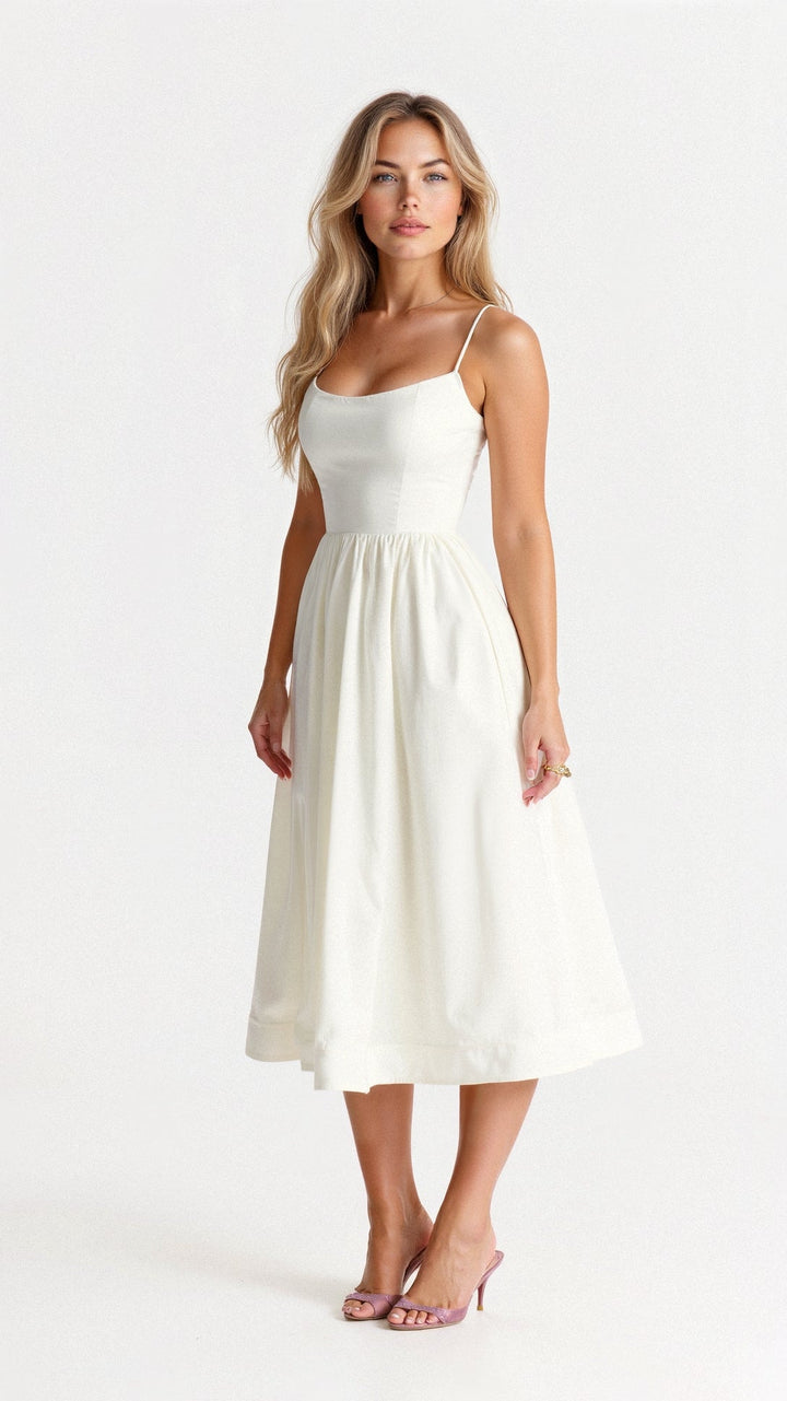 Elegant A-line midi dress for women. Perfect for special occasions, spring, & summer parties.