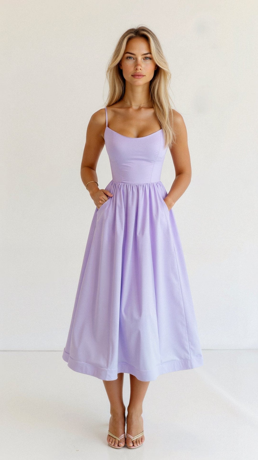 Elegant women's A-line midi dress with spaghetti straps. Versatile for spring/summer special occasions.