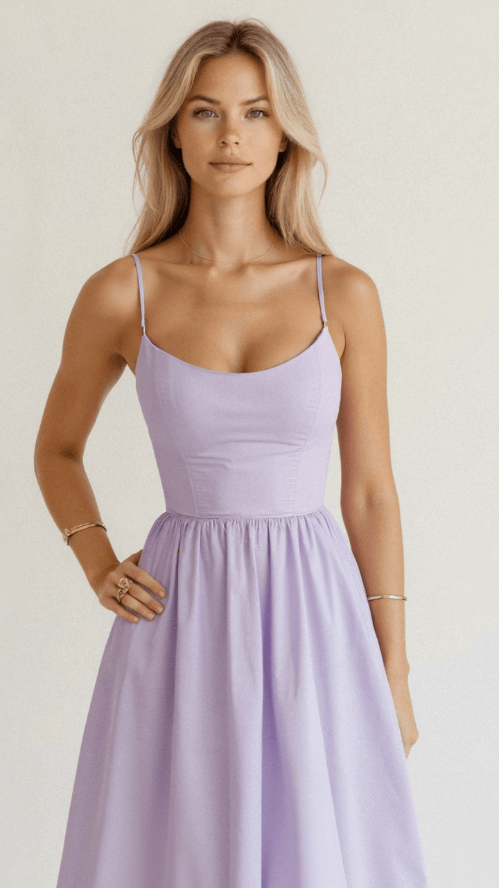 Light & flowy A-line midi dress for women. Perfect elegant spring or summer special occasion outfit.