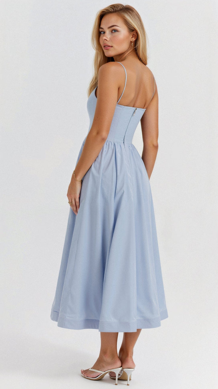 Full-length elegant A-line midi dress for women. Ideal for special occasions, parties, & summer events.