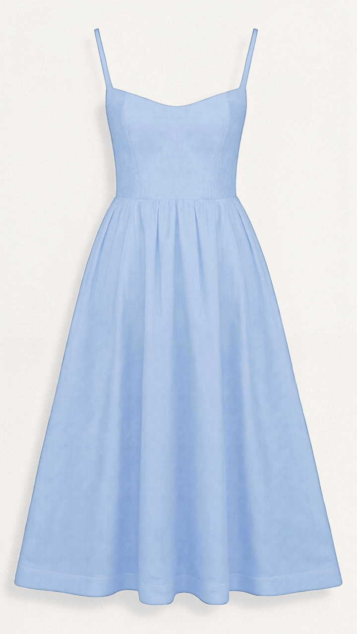 Back view of elegant women's A-line midi dress with delicate spaghetti straps for special occasions.