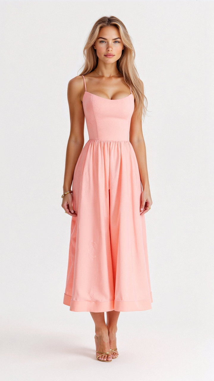 Elegant women's A-line midi dress in flowy fabric, perfect for spring/summer special occasions.