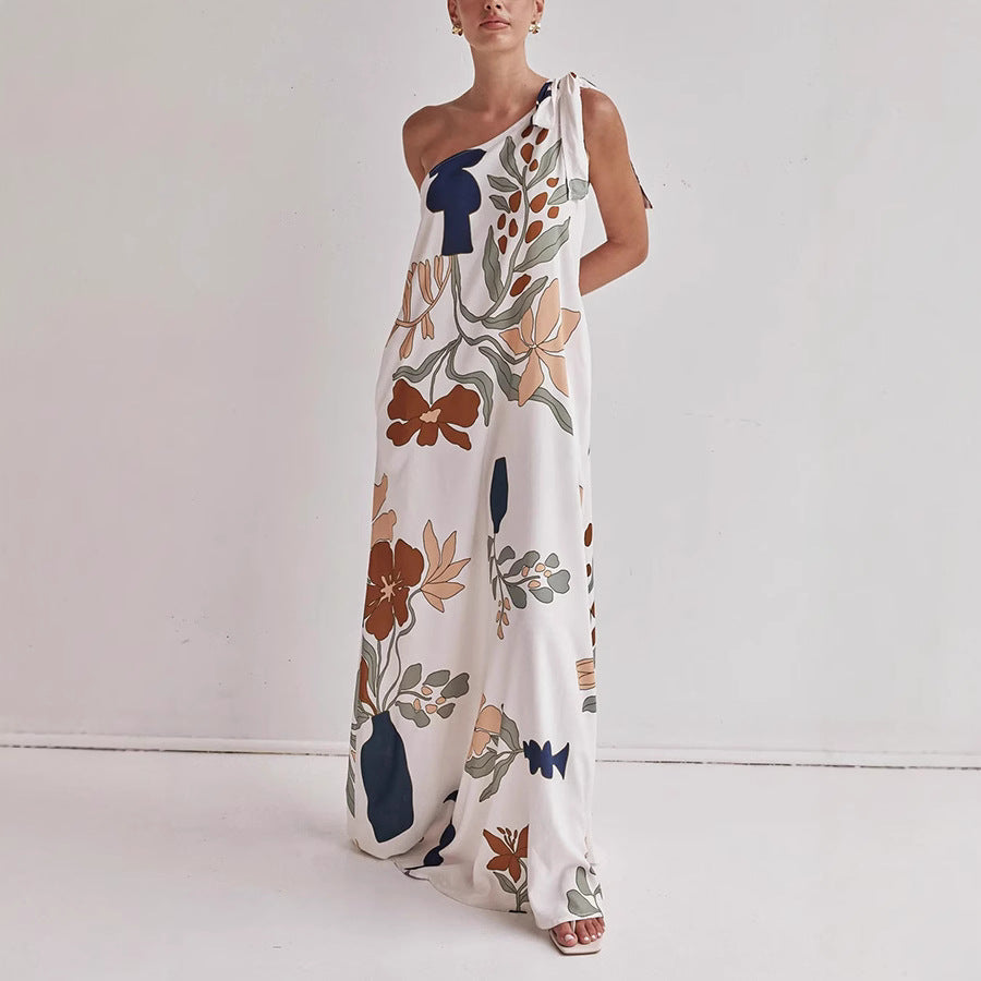 Elegant apricot floral one-shoulder maxi dress for women, ideal for summer vacation, beach, or resort wear.