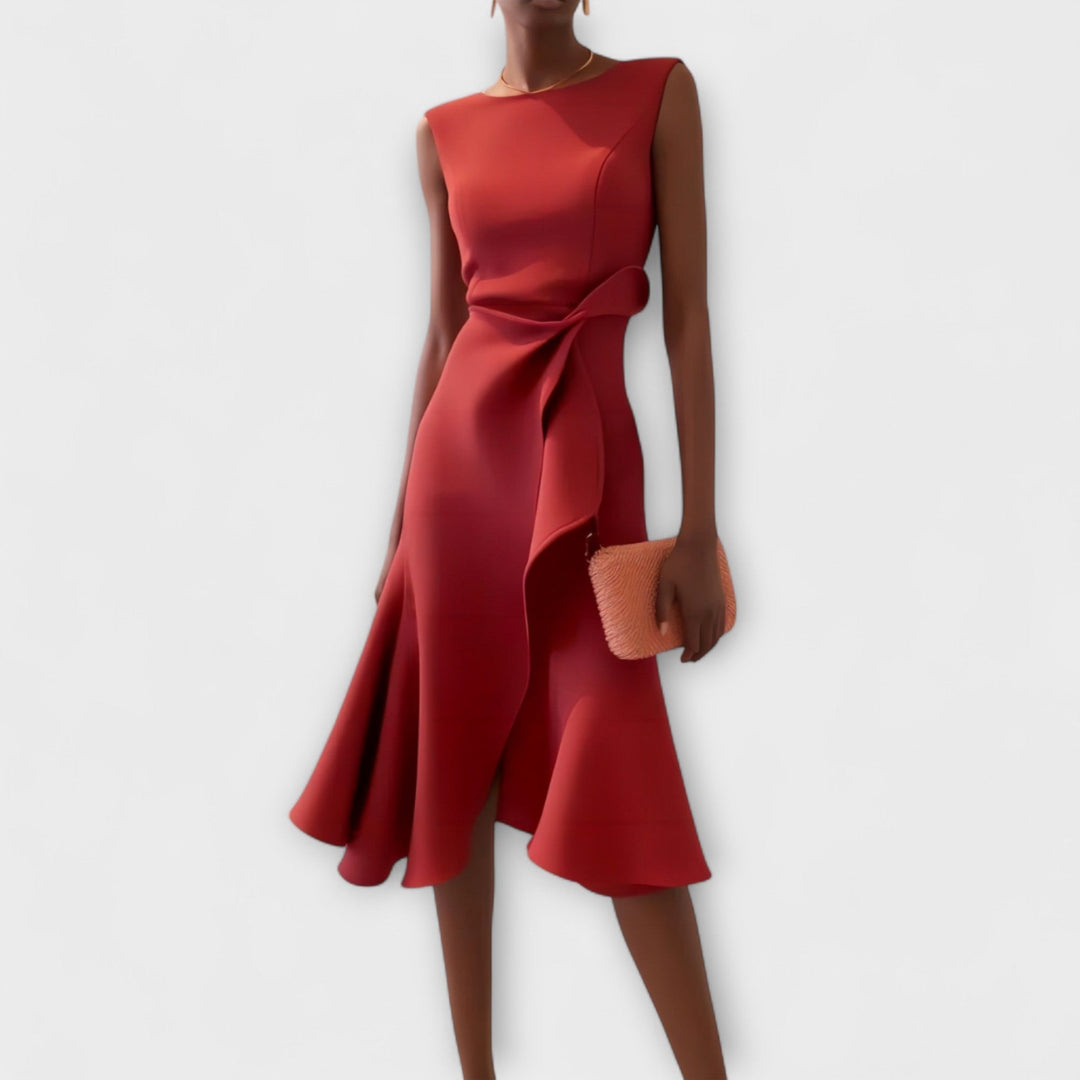 Elegant asymmetric midi dress for women, sleeveless and perfect for formal events or wedding guests.