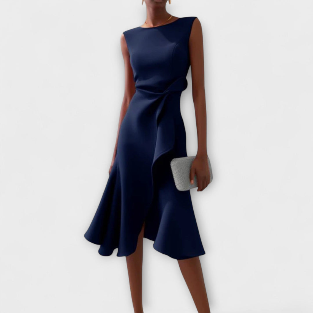 Versatile asymmetric midi dress in a sleek design, great for evening wear or formal occasions.