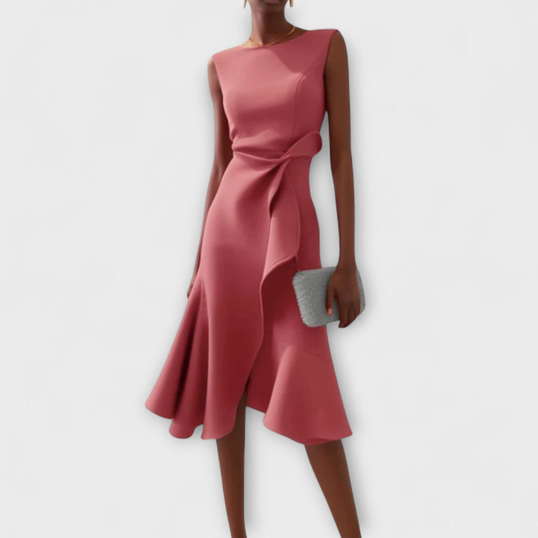 Chic women's asymmetric midi dress, perfect for a wedding guest, party, or formal event.