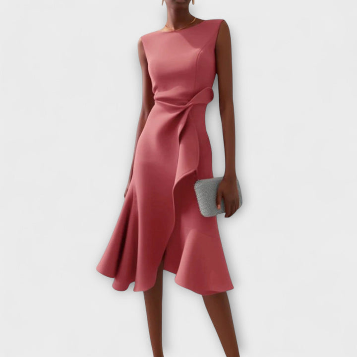 Chic women's asymmetric midi dress, perfect for a wedding guest, party, or formal event.