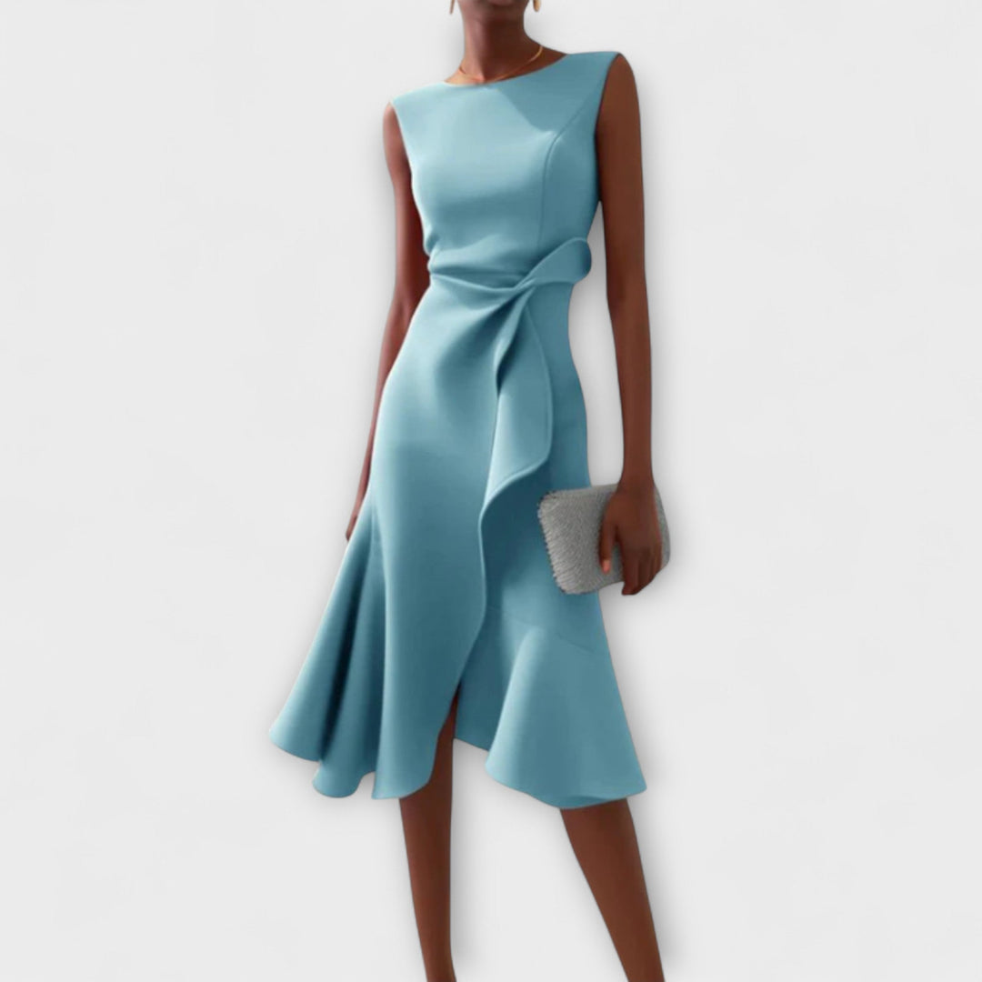 Sleeveless elegant asymmetric midi dress, a sophisticated choice for any special occasion.