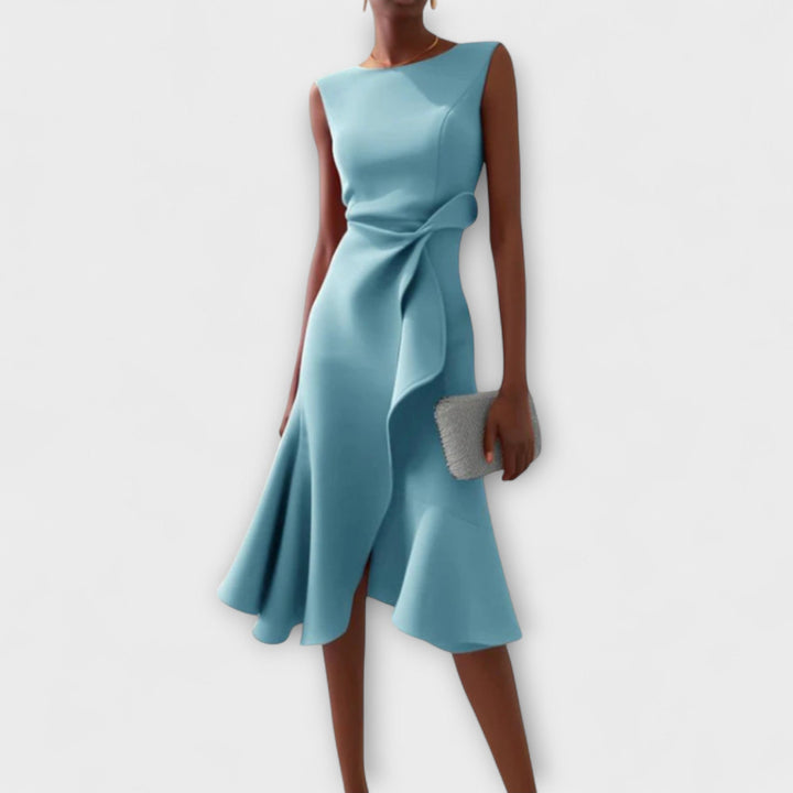 Sleeveless elegant asymmetric midi dress, a sophisticated choice for any special occasion.