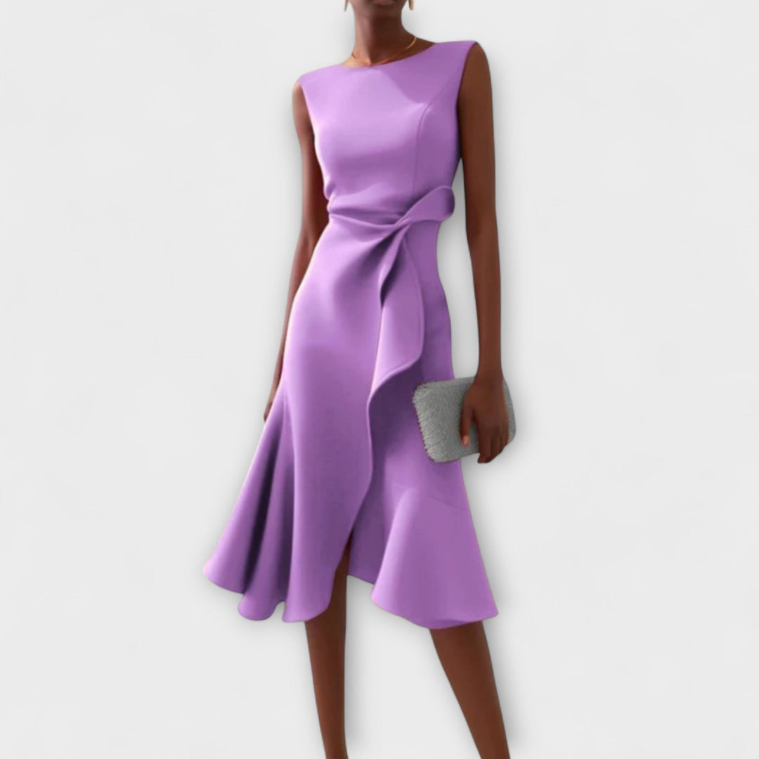 Stylish women's midi dress with an asymmetric hem, suitable for cocktail parties or formal events.