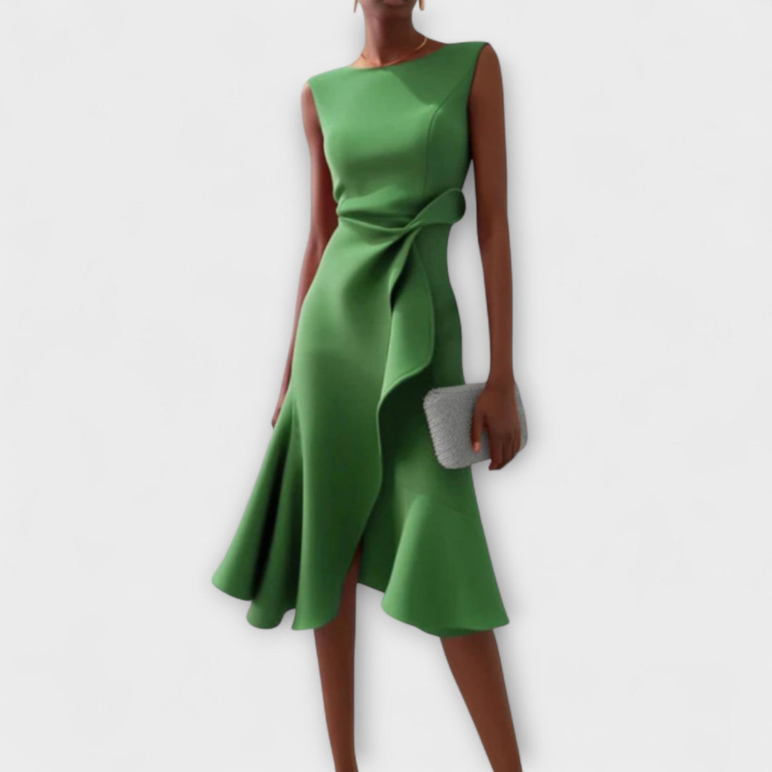Fashionable asymmetric midi dress for women, offering an elegant look for evening or party wear.