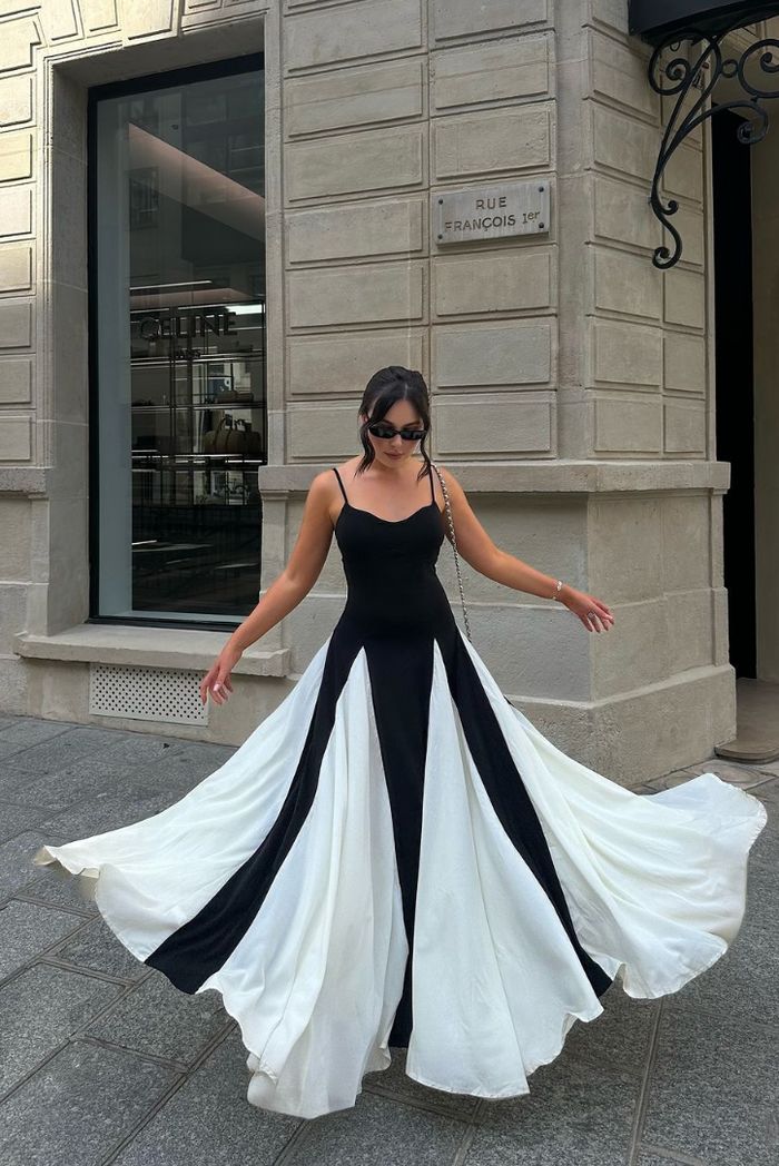 Women's formal wear: elegant contrast maxi gown, perfect for wedding guest or special occasion.
