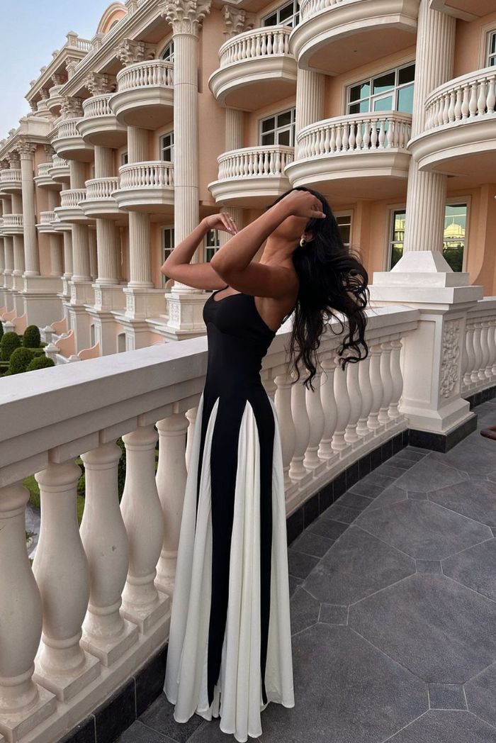 Formal black and white evening dress, an elegant choice for any special occasion.
