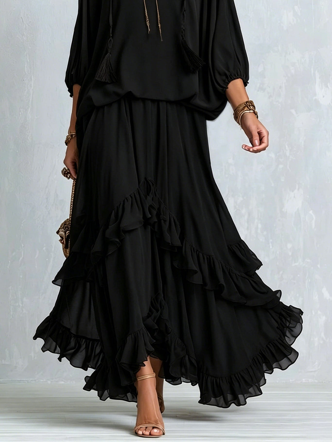 Wedding guest black boho maxi skirt set, special occasion two-piece with tassel V-neck & ruffles.