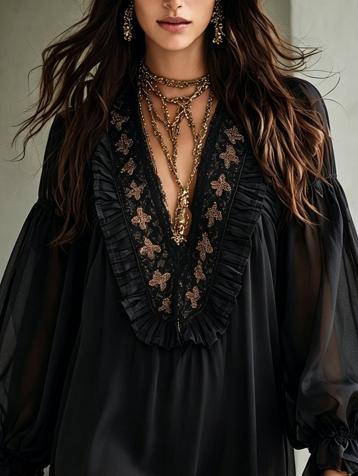Boho black mini dress for women with a deep V-neck & balloon sleeves, a stylish date night or evening wear choice.