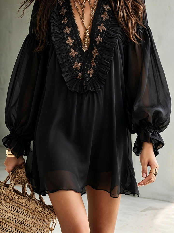 Women's elegant black mini dress with V-neck, voluminous balloon sleeves, and a flowy, comfortable swing design.