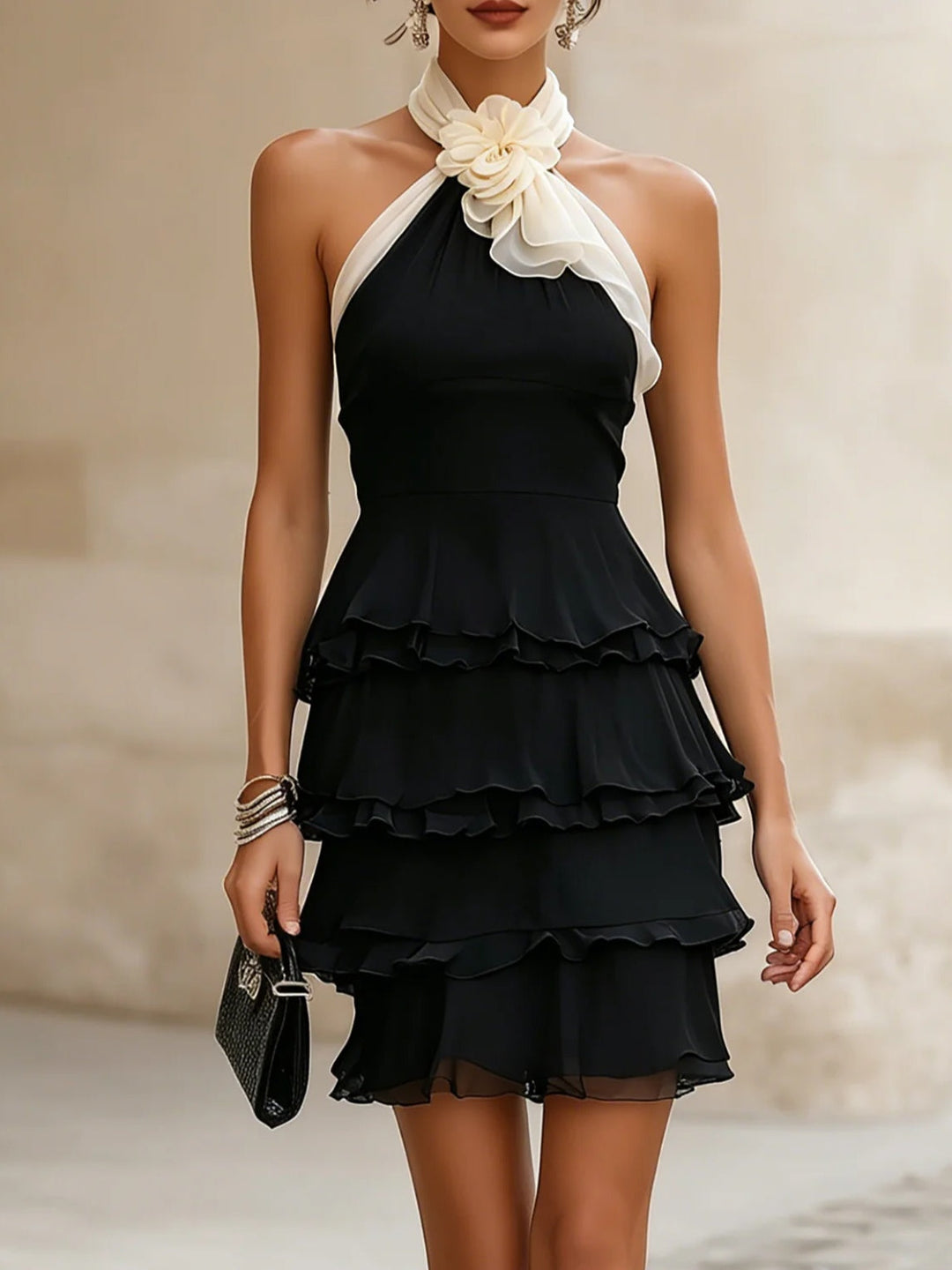 Elegant black halter mini dress with tiered ruffles & rosette detail, perfect for cocktail parties & date nights.