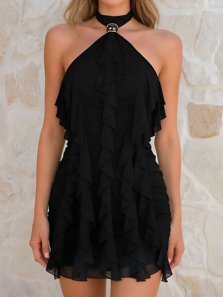 Women's white fashion mini dress with tiered ruffles and a flattering halter neck, special occasion.