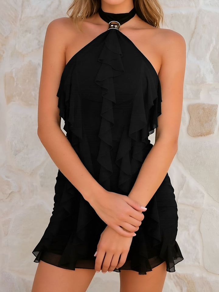 Red elegant sleeveless bodycon mini dress, tiered ruffle design and stylish halter neck.
