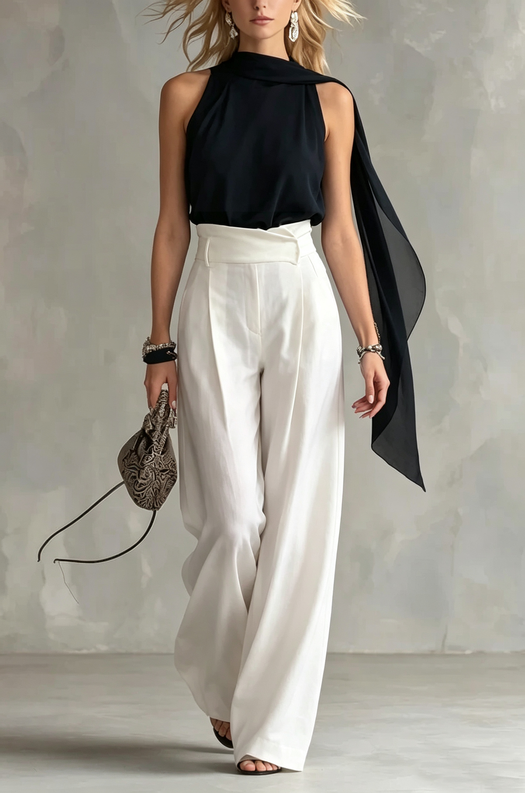 Elegant black halter top for women, featuring a draped cowl neck and flowy cape, perfect for evening wear & parties.