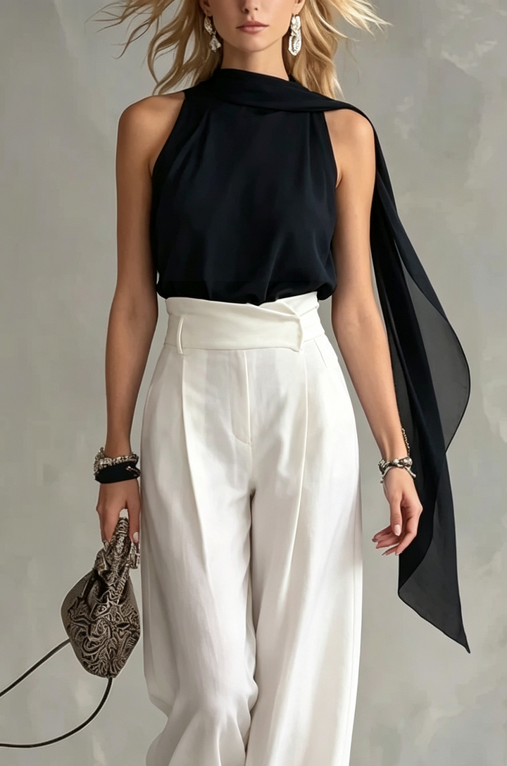 Chic women's black halter top with sophisticated draped cowl neck and stylish cape, ideal for special occasions.
