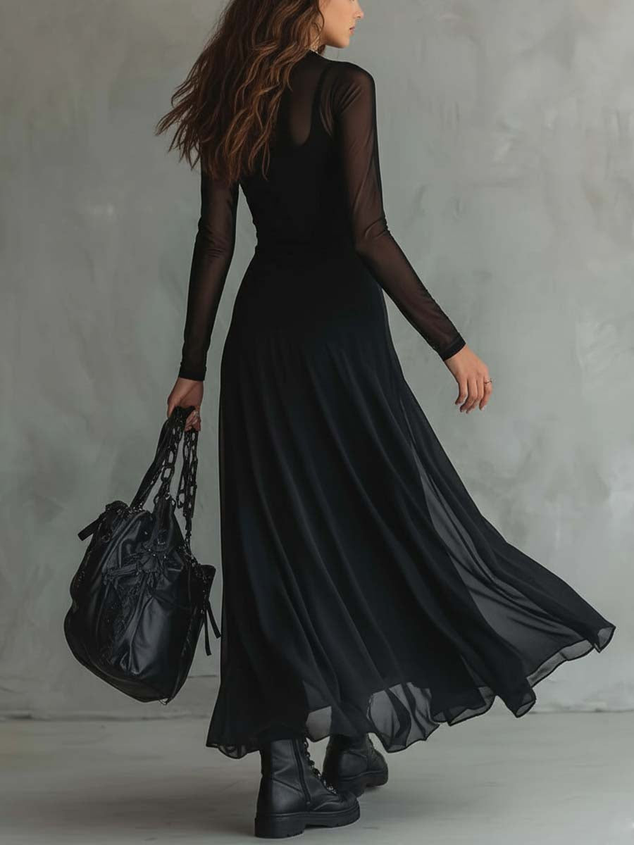 Women's long sleeve black formal gown with ruffled skirt, ideal for black tie & special occasions.