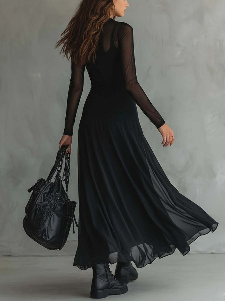 Women's long sleeve black formal gown with ruffled skirt, ideal for black tie & special occasions.
