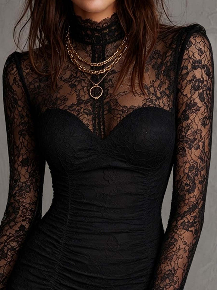 Sophisticated black ruched bodycon mini dress with elegant lace sleeves, women's fashion for special events.