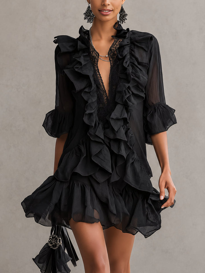 Elegant black V-neck mini dress for women, featuring chic sheer sleeves and stylish ruffle details. Perfect for evening events.